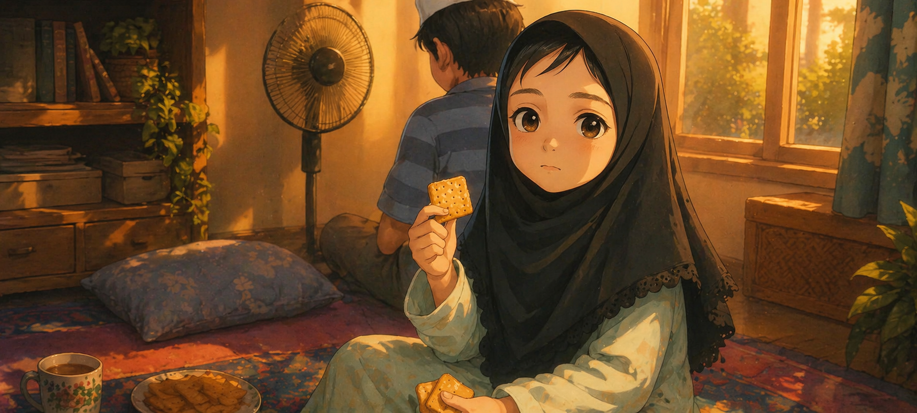 Seorang anak perempuan duduk tenang sambil memegang biskuit, disinari cahaya hangat. Di latar belakang, ayahnya sedang solat—suami saya—mewakili kehangatan keluarga dan ketabahan hidup bersama ibu yang menghidap bipolar.