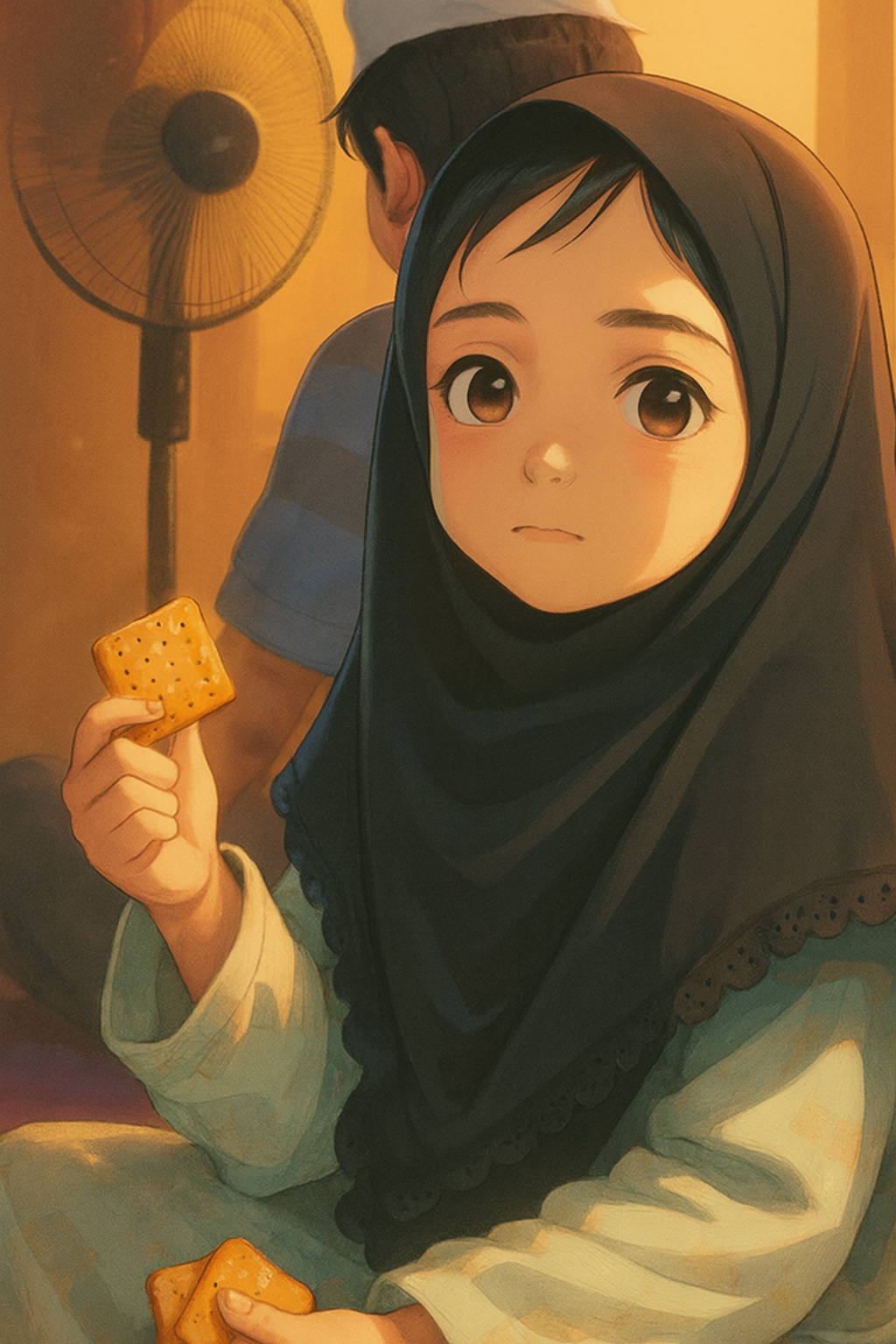 Seorang anak perempuan duduk tenang sambil memegang biskuit, disinari cahaya hangat. Di latar belakang, ayahnya sedang solat—suami saya—mewakili kehangatan keluarga dan ketabahan hidup bersama ibu yang menghidap bipolar.