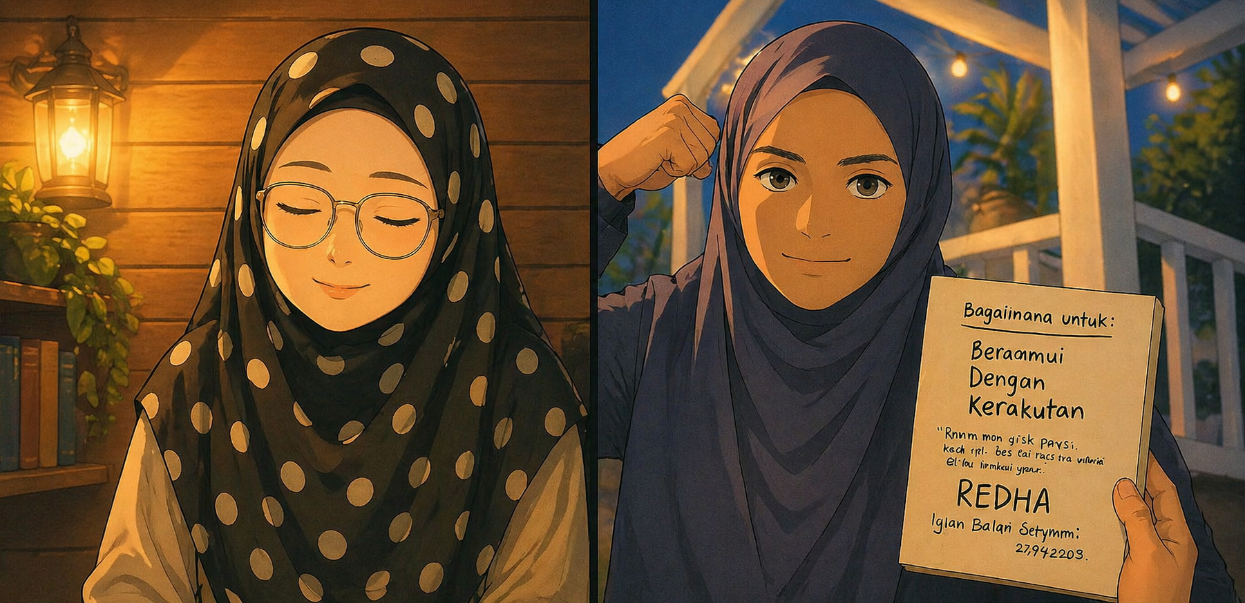 Ilustrasi anime wanita berhijab dengan ekspresi tenang, memegang nota bertajuk “Berdamai Dengan Ketakutan” dalam suasana hangat dan reflektif