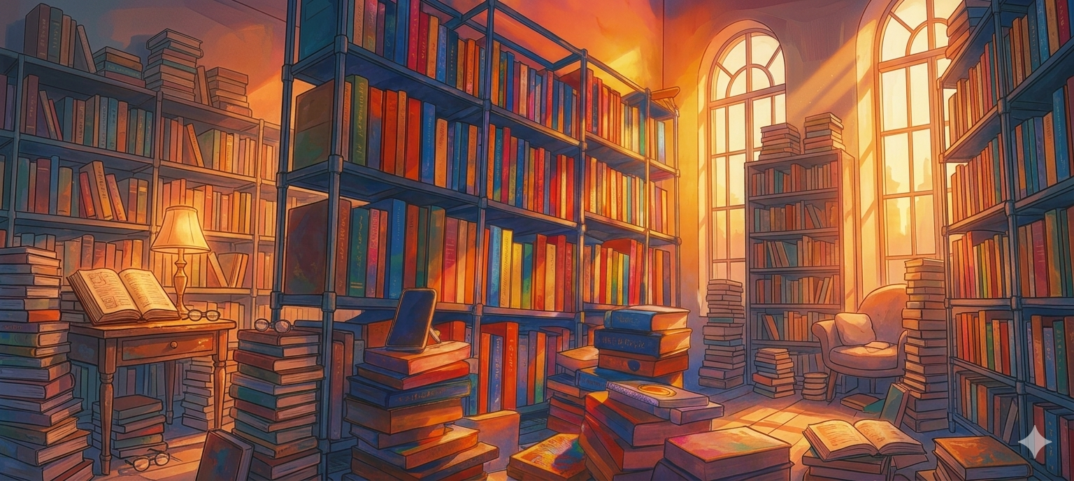 Ilustrasi gaya manga bilik kerja dipenuhi rak buku logam tinggi dan buku berselerak, dengan pencahayaan dinamik dan bayang dramatik melambangkan otak yang terlalu aktif dan hampir overheat.