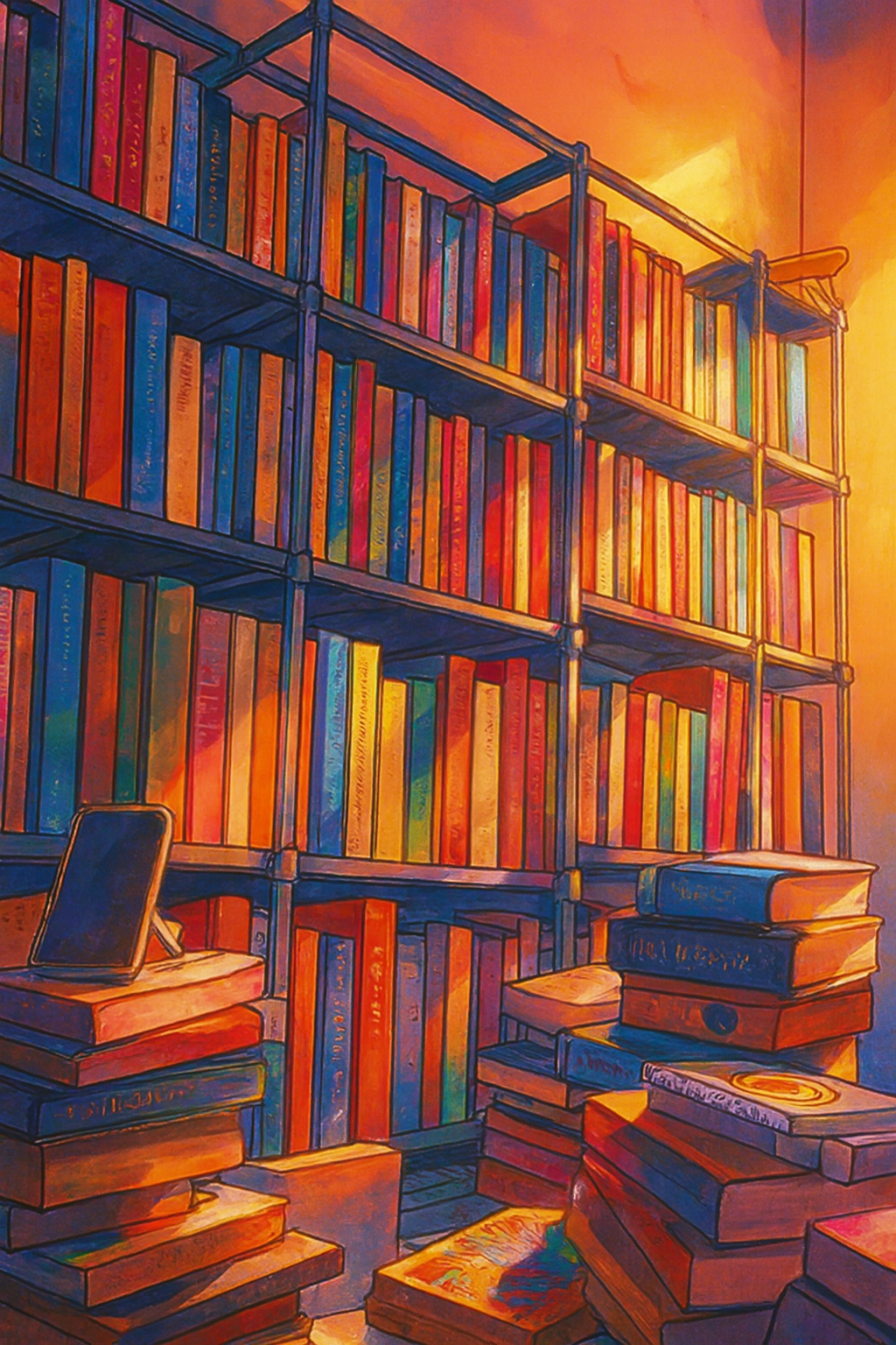 Ilustrasi Otak ‘Overheat’ Ilustrasi gaya manga bilik kerja dipenuhi rak buku logam tinggi dan buku berselerak, dengan pencahayaan dinamik dan bayang dramatik melambangkan otak yang terlalu aktif dan hampir overheat.