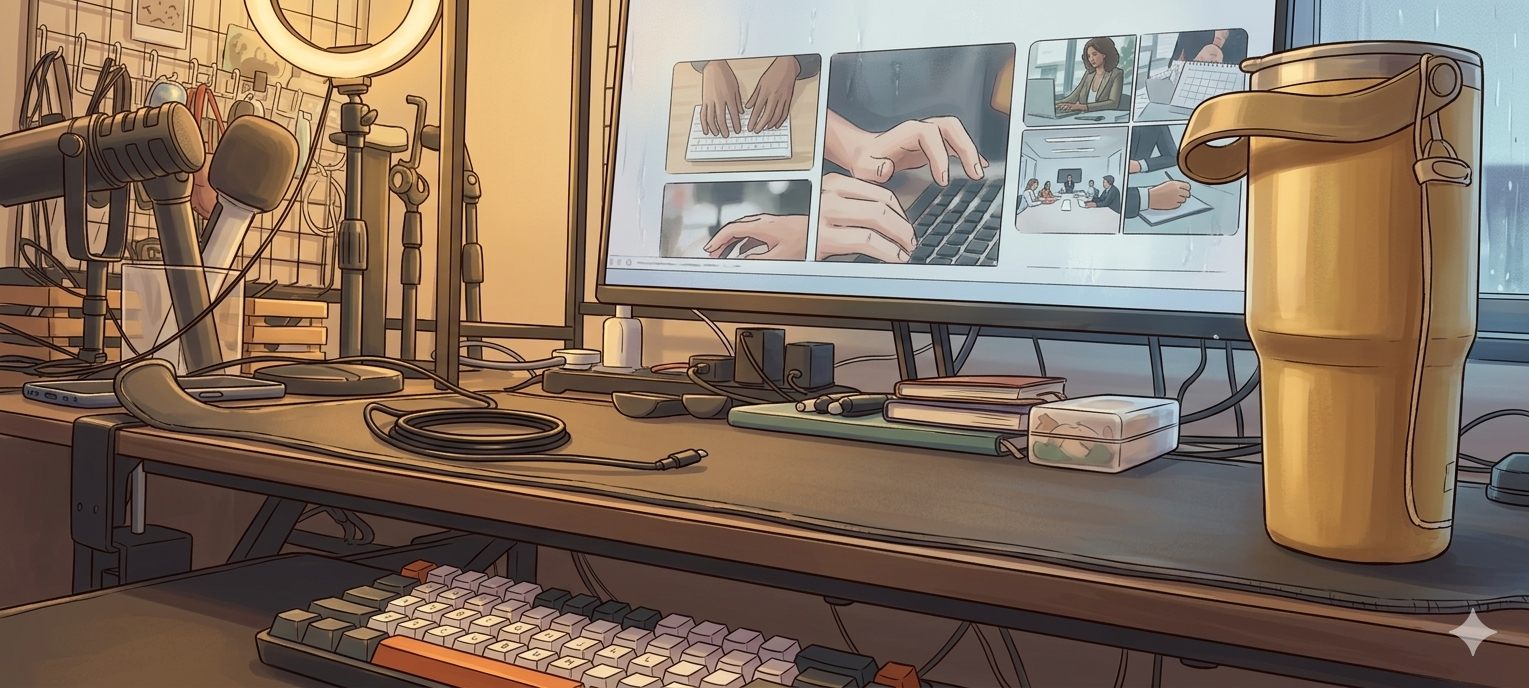 Ilustrasi ruang kerja digital bertema anime dengan meja komputer, papan kekunci mekanikal dan suasana pagi yang tenang.
