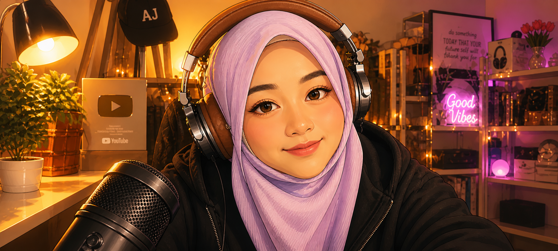 illustrasi anime wanita berhijab memakai fon kepala di studio rakaman dengan suasana tenang dan positif melambangkan kekuatan jiwa di persimpangan hidup illustrasi anime wanita berhijab memakai fon kepala di studio rakaman dengan suasana tenang dan positif melambangkan kekuatan jiwa di persimpangan hidup