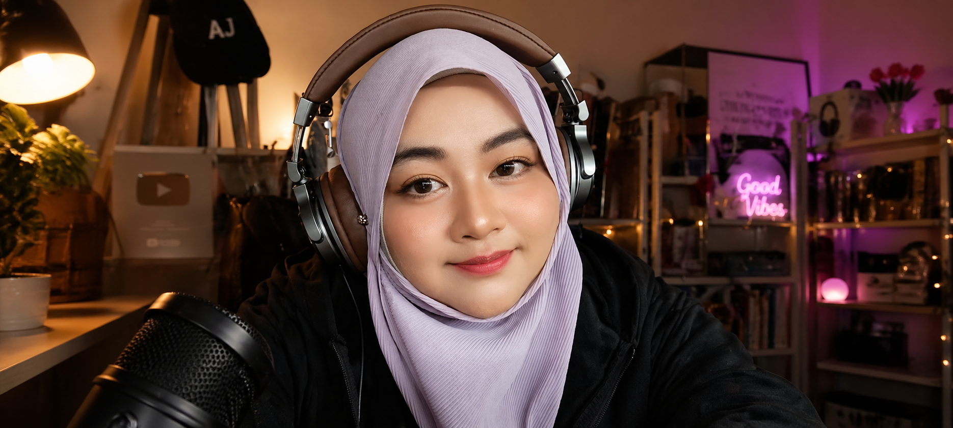 wanita berhijab memakai fon kepala di studio rakaman dengan suasana tenang dan positif melambangkan kekuatan jiwa di persimpangan hidup