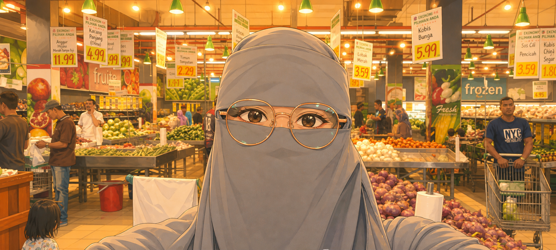 Ilustrasi anime wanita berniqab berselfie di pasar raya bahagian sayur dengan suasana hangat dan pencahayaan keemasan
