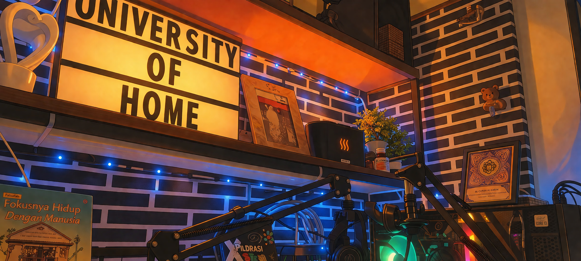 lustrasi anime sudut home studio dengan papan “University of Home” dan suasana cozy bercahaya hangat