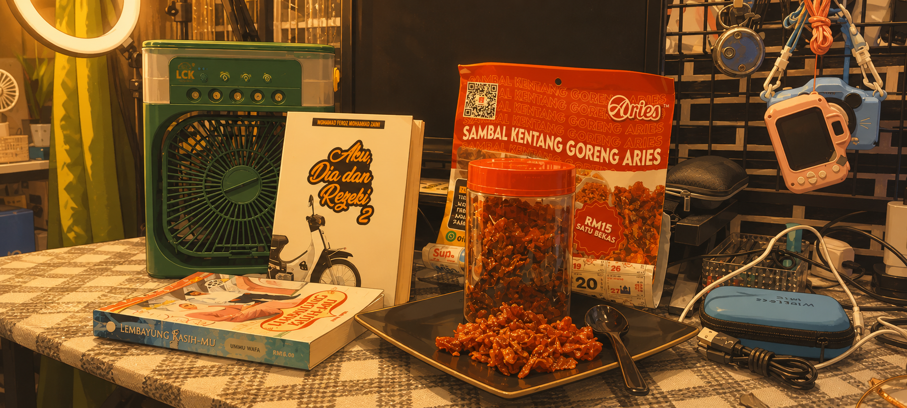 Ilustrasi anime sambal kentang goreng di atas meja dengan suasana cozy dan pencahayaan hangat